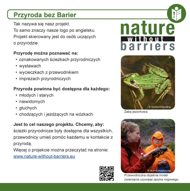 Strona tytułowa ulotki informującej o projekcie "Nature without Barriers". Strona napisana prostym językiem.