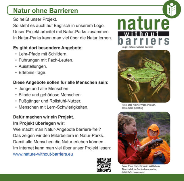 This picture is the first page of our information leaflet "Nature without Barriers". This page is written in Easy-to-read.