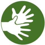 Dieses Piktogramm zeigt zwei Hände und steht im Projekt für die Bedürfnisse gehörloser Menschen. Es symbolisiert die Gebärdensprache.