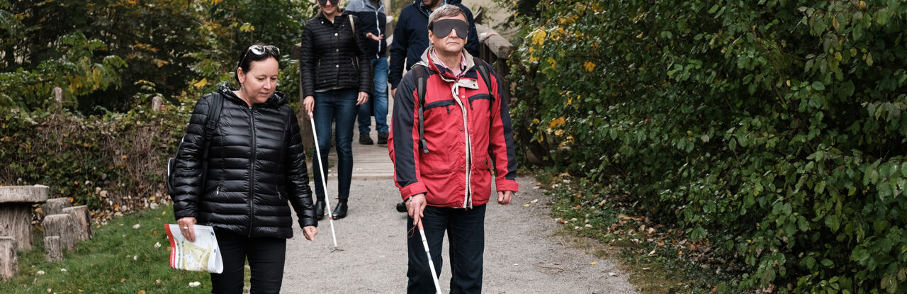 Ez a kép a projekt partnereket mutatja, ahogy kipróbálják a vakok által használt eszközöket. A partnerek párokat alktonak. Az egyiküknek a szeme be van fedve, kezében fehér bottal halad. A másik személy a segítője, aki a biztonságáért felel.