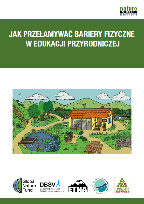 Strona tytułowa broszury na temat usuwania barier fizycznych. U góry tytuł broszury, poniżej rysunek centrum ochrony przyrody wraz z terenem zielonym.